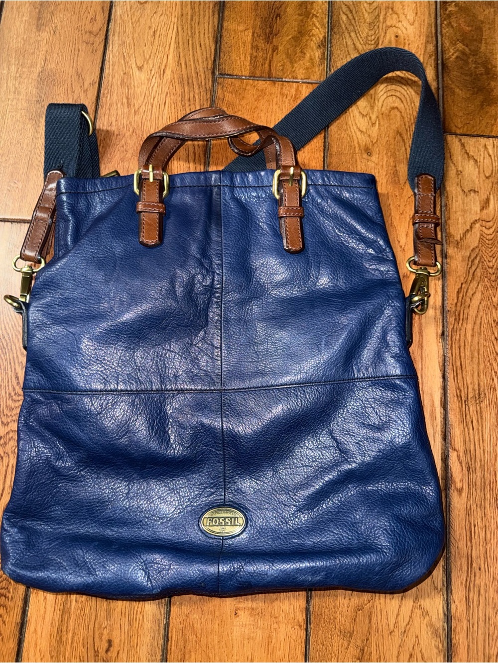Fossil Navy Leather Messenger with Brown Trim and Strap
